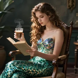 photo of A mermaid girl sits in a chair with a book and a glass of coffee, fine details,