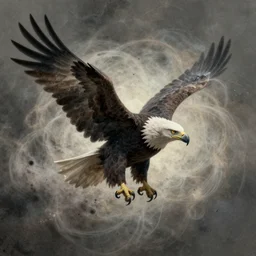 a shapeless american bald eagle made of space and time, weaving dust of predetermination and a state of utter confusion across the universe, muted colors, fantasy illustration, digital art