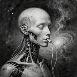 a surreal monochromatic portrait of a cyborg being fed by numerous wires and cables to the galaxy, mechanical spine, the birth of the singularity, impasto, airbrushed, smoky swirls, hyperrealism, paint splashes, shadows, rule of thirds, detailed oil on wood painting by jan van eyck and greg rutkowski, cinestill 8 0 0 t