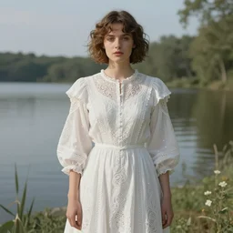 long shot, woman posing, short wavy hair, round face, intricate white dress, lakeside, cottagecore!!, intricate, enlightened, highly detailed, digital painting, artstation, concept art, smooth, sharp focus, illustration, inspired by artgerm, by marat safin, and alphonse mucha