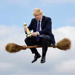 photo of boris johnson sitting on a flying magical broomstick in the clouds, award - winning