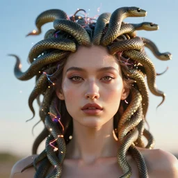 a cyberpunk close up portrait of cyborg medusa, electricity, snakes in hair, sparks, bokeh, soft focus, skin tones, warm, blue, sunny sky, by paul lehr, jesper ejsing