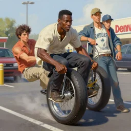 an african wheelman peels out of a dennys parking lot, digital painting, masterpiece by rembrandt and thomas kinkade and frank frazetta and kentaro miura, by reiq and tite kubo, stylized yet realistic faces and anatomy, advanced lighting technology, beautiful, gorgeous brush strokes