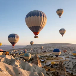 large balloons fly over the mountains of cappadocia in turkey, a tourist attraction. morning amazing landscape, cinematic view, epic sky, detailed, concept art, low angle, high detail, warm lighting, volumetric, godrays, vivid, beautiful, trending on artstation, by jordan grimmer, huge scene, grass, art greg rutkowski