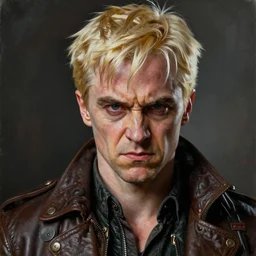 portrait painting of a scowling dieselpunk tom felton as draco malfoy, sharp focus, award - winning, trending on artstation, masterpiece, highly detailed, intricate. art by josan gonzales and moebius and deathburger