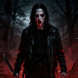 dennis reynolds slasher movie poster black and red blood and knife horror film high detail angy expression