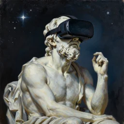 oil painting of a statue of socrates wearing a virtual reality headset looking up towards the stars, virtual reality, virtual reality goggles, vr, virtual reality glasses