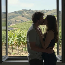 a couple kissing, behind them is a window that shows a hilly landscape with vineyards, hopper