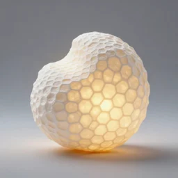organic shaped honeycomb asymmetric capsule, no - gravity, maximum natural texture, white warm illumination, best color graded, vray beautiful, subsurface scatter, hyper - realistic render