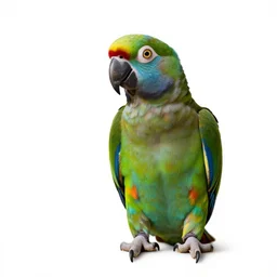 wise zookeeper with parrot, photorealistic portrait photography, full body, standing, isolated on a pure white background, centered, whole figure in frame, sharp focus, studio lighting