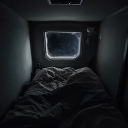 interior view of a space pod bed, small window to see space, tight space, claustrophobic, messy blankets, dark colors, minimal light, tight angle, dim lighting, muted colors, by greg rutkowski makoto shinkai takashi takeuchi