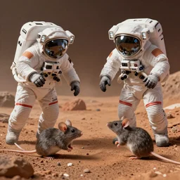 mice as astrounauts invade Mars, hypermaximalistic, high details, cinematic, 8k resolution, beautiful detailed, insanely intricate details, artstation trending, octane render, unreal engine