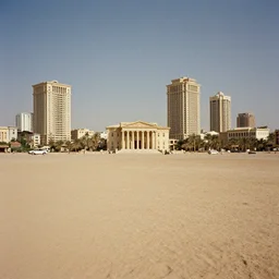 1 9 7 0 s movie still of a empty huge neoclassical town with high - rise in the desert, cinestill 8 0 0 t 3 5 mm eastmancolor, heavy grain, high quality, high detailed