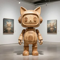 8k octan advertising photo a wooden sculpture art toys on feet very cute robot zen with cat ears cyberpunk a contemporary art gallery