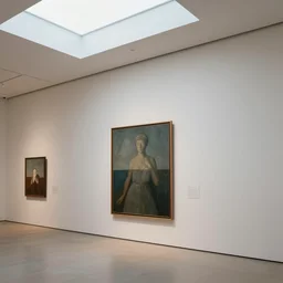 moma, museum, modern gallery, art hanging on a plaster wall, daytime skylight, photo realistic