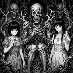 horrors beyond comprehension, vile, grotesque, art by junji ito, yuki fujisawa, shintaro kago, intricate, black and white, highly detailed