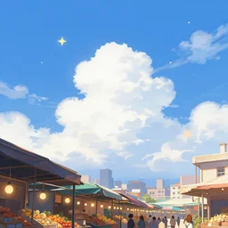 a city market and the blue sky with clouds and stars and clouds for a man, and a woman wearing a pomade, in the style of a renaissance painting