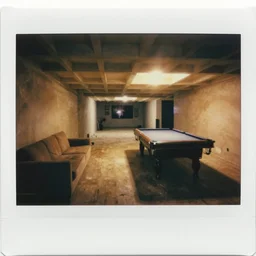 polaroid photograph of a new finished dimly lit basement of a middle class home with a couch and a pool table, empty, light from upstairs, warmly lit, massive long twisting hallways, strange architecture, creepy, void