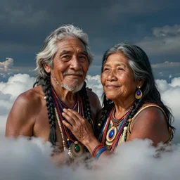 portrait of an indigenous amazonian grandfather and grandmother in the clouds, smiling, protection, benevolence, ancestors, detailed faces, art by christophe vacher