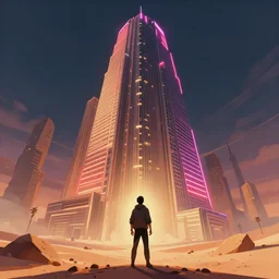 a man looking up at a massive brutalist neon lit skyscraper in a desert wasteland on a in the style of Rob Lefield and Ralph McQuarrie, Daniel Merriam :.1, trending on artstation, digital art, third person perspective, viewed from below, wide angle, establishing shot