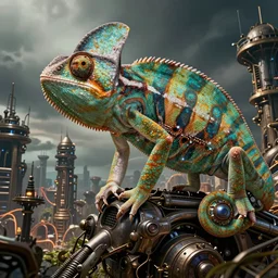 giant chameleon looming over a steampunk city by boris vallejo