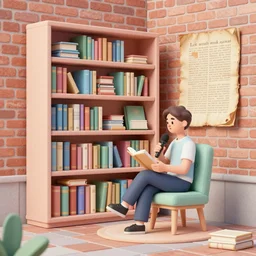 bookshelf, podcast interview, brick streets, ancient manuscripts, a reader in a chair, nordic pastel colors, 3 d art, digital illustration, perfect lighting
