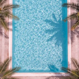 high quality color aerial view photo of a sparkling swimming pool with palm tree leaves on the edges, pastel faded effect, synthwave colors