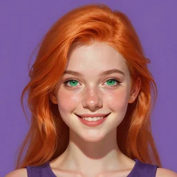 portrait of a beautiful smiling girl with orange hair and freckles, green eyes, highly detailed, digital painting, concept art, smooth, sharp, focus, background is purple, anime key visual, ilya kuvshinov, rossdraws, artstation