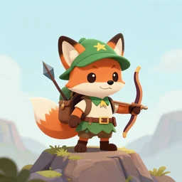 A cute fox with a bow and arrow wearing a big backpack, a Robinhood hat, and adventuring gear, standing on a mountain top, cartoon card game character style, dungeons and dragons, art station, fantasy, pokemon, cute, short, stubby, chibbi, realistic, high quality, professional, clean, digital art
