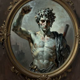 Portrait of Perseus in the mirror, in the style of midjourney, digital painting, Noah Bradley, scary, epic