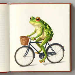 book illustration of a frog riding a bike, surrealism