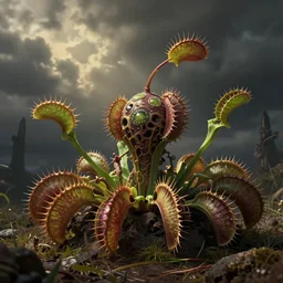 Venus fly trap monster in the style of dan mumford, chris mars, surrealism