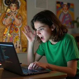 a cute girl coding frantically on her laptop, she wears a green shirt, she is very excited and hypnotized, cinematic and dramatic, 8 k, crisp lines, sharp edges, vibrant colors by artgerm, cushart krenz, greg rutkowski, mucha and norman rockwell