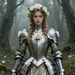 epic hyperdetailed portrait of beautiful flower armored knight girl in the misty rainforest. by greg rutkowski, highly detailed portrait, rococo, smooth, sharp foccus ilustration, artstation hq. intricate, elegant. art by wlop and artgerm and alphonse mucha, masterpiece..