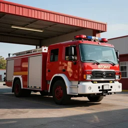 A firefighting train parked in a fire station