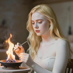 Painting of Elle Fanning at the kiln of the first flame, long blonde hair, delicate, pale milky white porcelain skin, by Edward Hopper. 8K. Extremely detailed.