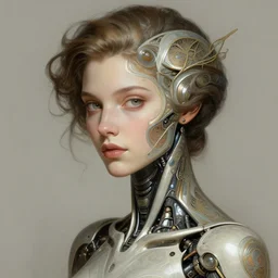 portrait of female android, intricate, elegant, highly detailed, digital painting, artstation, concept art, smooth, sharp focus, illustration, art by artgerm and greg rutkowski and alphonse mucha