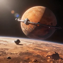 UE5 renders epic space battle on orbit of Mars, in the style of Robert McCall by Jim Burns, 4k, 8k, HD, trending on artstation, lens flare lighting