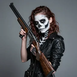 in the style of artgerm, Samara Weaving with skull paint on her face, holding a shotgun