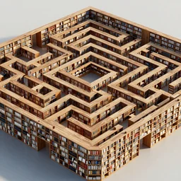 large labyrinth with walls made of bookshelves, bird's eye view. Detailed digital art.