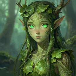 greg manchess a realistic anime portrait of a beautiful dryad with glowing green eyes and tree bark skin wearing clothes made of leaves, digital painting, by stanley artgerm lau, sakimichan, wlop and rossdraws, digtial painting, pixiv fanbox