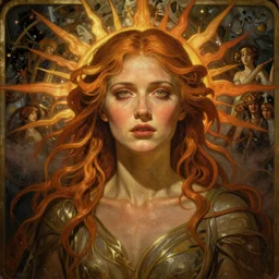 stunning, breathtaking, awe-inspiring award-winning concept art nouveau painting of attractive Tilda Swinton as the goddess of the sun, with anxious, piercing eyes, by Alphonse Mucha, Michael Whelan, William Adolphe Bouguereau, John Williams Waterhouse, and Donato Giancola, cyberpunk, extremely moody lighting, glowing light and shadow, atmospheric, cinematic, Unreal Engine, 8K