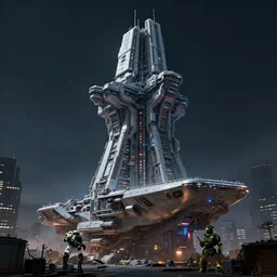 cinematic scifi render of a 3 d sculpt of a gigantic huge cyberpunk john harris aircraft carrier megalithic tower structure tokyo at night, beeple, halo, star wars, ilm, star citizen, halo, mass effect, high tech industrial, artstation unreal, dramatic powerful sky
