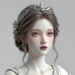 complex 3 d render, ultra detailed, realistic headshot portrait of a beautiful porcelain skin woman, face, wispy, wavy hair worn tied back in a messy bun, wearing filigree silver elven circlet, white dress, detailed eyes, round catchlights, flowers in hair, mauve lips, 8 5 mm lens, beautiful, studio portrait,
