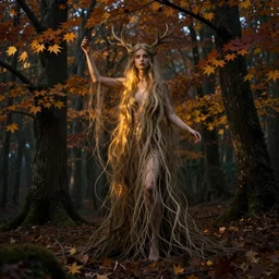 portrait of a dryad in a forest of autumn maples by brian froud dark mysterious, filtered evening light