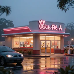 neo futuristic chik - fil - a restaurant, unreal engine, octane render, 8 k, 1 6 : 9, warm and inviting inside, cars in the parking lot, long exposure, foggy rainy night, optimistic
