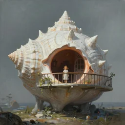 sci fi painting of a giant seashell house, a young girl stares from the balcony, by john harris and moebius, atmospheric, concept art