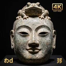 stone mask of chinese philosopher guo xiang with eyes slightly open with a three - legged toad on his head on a black background and golden text виd under it, black background, photorealistic, realistic, detailed, hyperrealistic, high quality, high resolution, lossless, lossless quality, 8 k, hdr, 4 k, 1 6 k