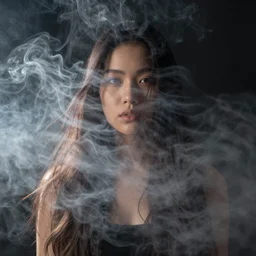 candid portrait of one!!! single!!! very very beautiful young filipino woman with narrow face in the center of the frame, with flowing long hair, surrounded by dramatic swirling thick dreamy smoke, face partially obscured, dark background, by conrad roset, abstract, thought provoking, dramatic lighting, trending on artstation