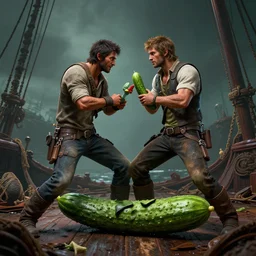 hyperrealistic film still of rafe adler from uncharted 4 fighting with a cucumber on a shipwreck, eccentric, stunning 3 d render, inspired by istvan sandorfi & greg rutkowski & unreal engine, perfect symmetry, dim volumetric cinematic lighting, 8 k octane comprehensive render, extremely hyper - detailed, incredibly lifelike attributes, intricate, real flesh texture, masterpiece, artstation, stunning